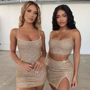 Oh Polly Drop a Glint Embellished Mini Skirt and Crop Top in Gold